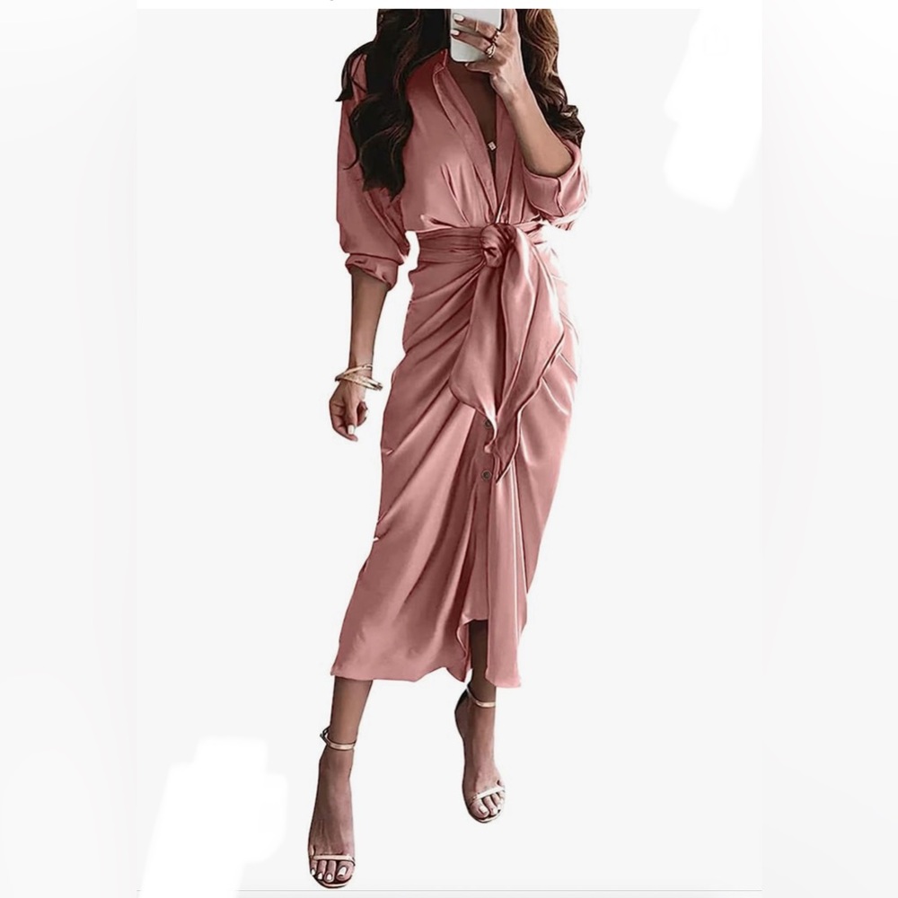 NWY BTFBM Blush Pink Ruched Button Up Long Sleeve Tie Waist dress